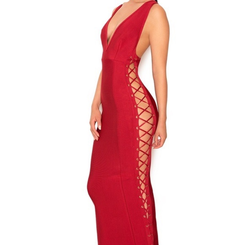 Farera Red Deep Plunge Neck Bandage Maxi Dress